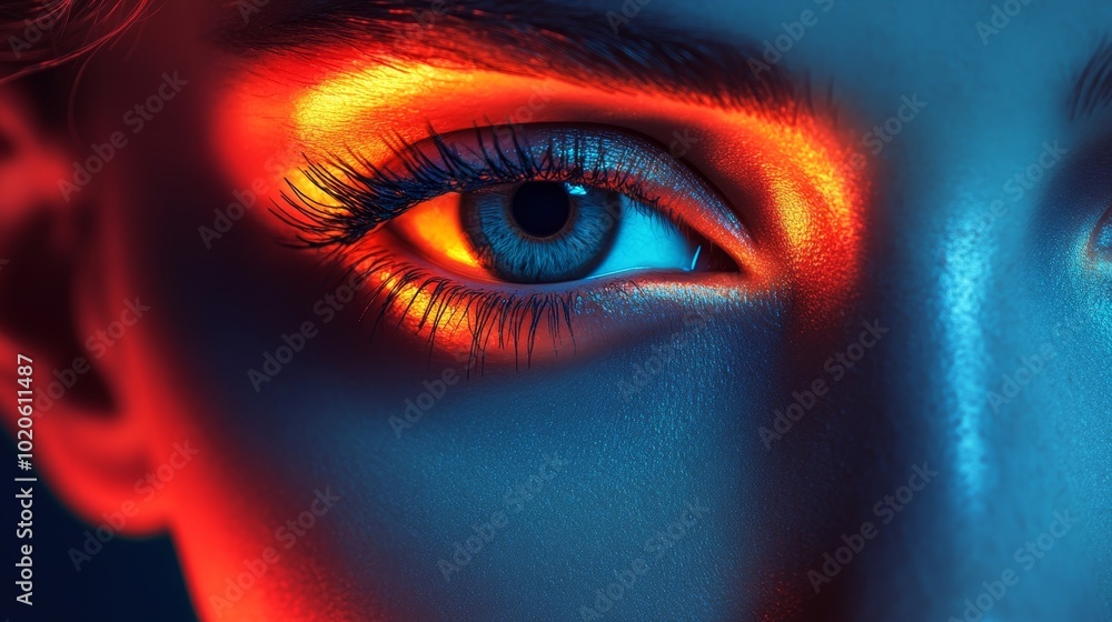 A woman's eye is the focal point of the image, with her lashes A woman's eye is the focal point of the image, with her lashes