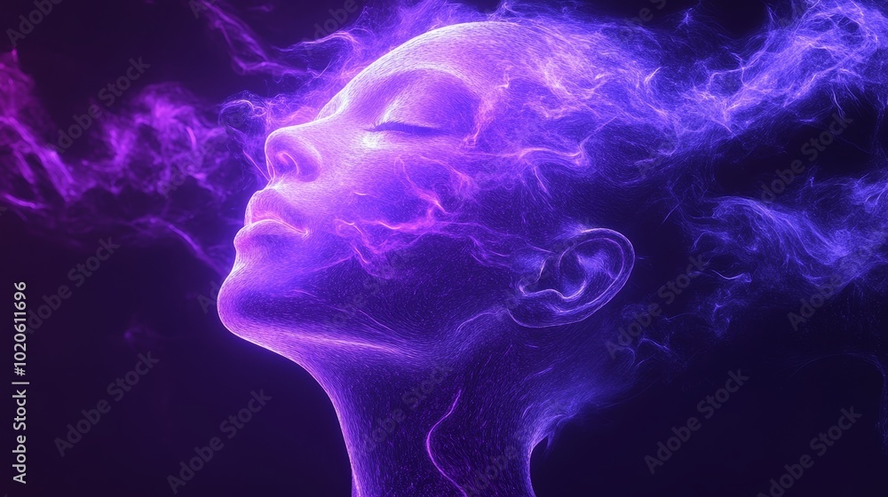 A woman's face is shown in a purple A woman's face is shown in a purple