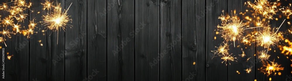 Golden Sparklers on Black Wooden Background: New Year Celebration and Festive Atmosphere. Warm and Festive Web Banner Design.