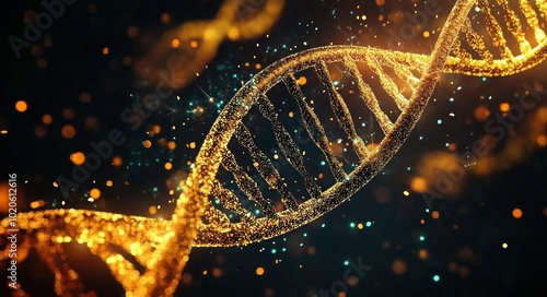 Glowing Double Helix DNA Structure with Futuristic Background - 4K HD Digital Art in Orange and Gold Color Scheme