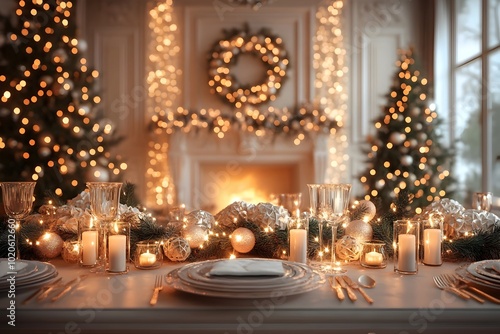 Elegant Festive Dining Room with Buffet Candles and Lights