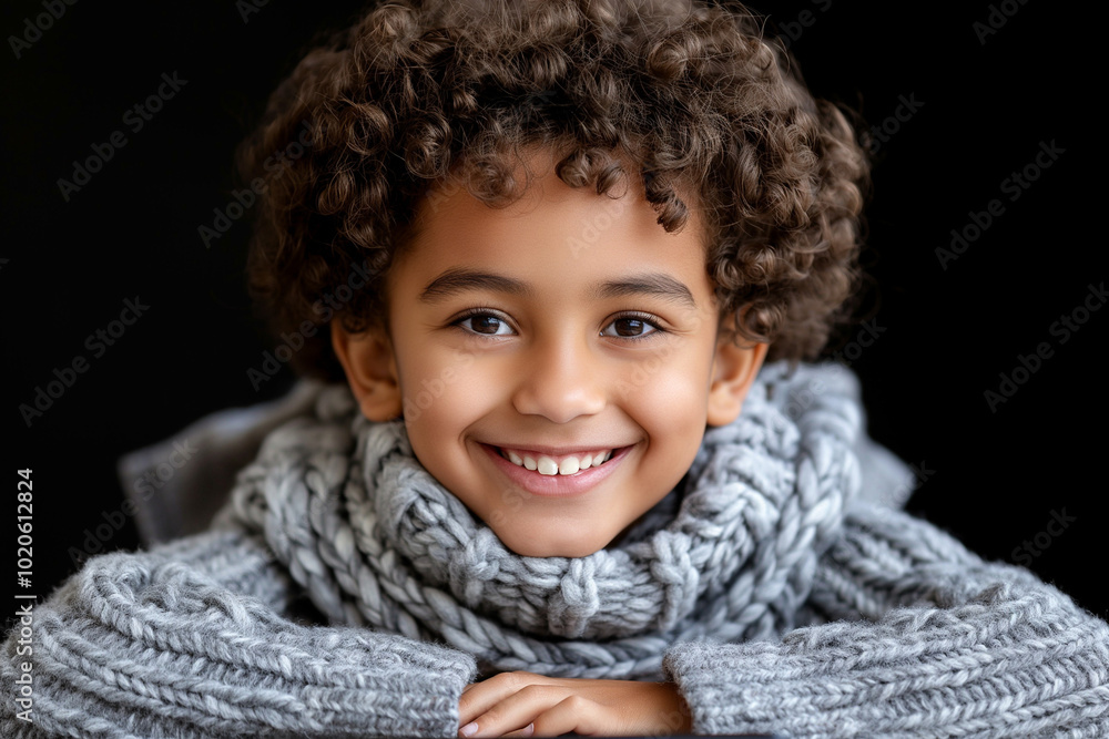 Joyful Curly-Haired Boy Smiling in Cozy Knit Scarf Joyful Curly-Haired Boy Smiling in Cozy Knit Scarf