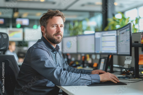 Man working using a computer in the office of a high tech company with multiple monitors.