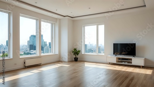 Living room featuring a TV and large window with city view.