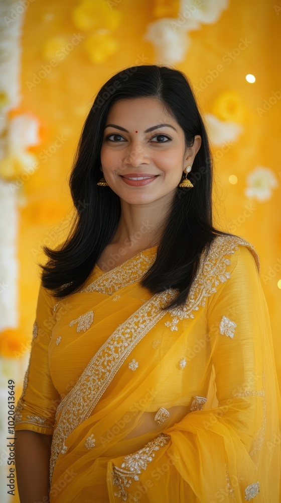 Portrait of Indian woman in golden yellow saree with delicate embroidery, welcoming guests with a warm smile, with a yellow to soft gold gradient glowing backdrop, Indian traditional Diwali festival Portrait of Indian woman in golden yellow saree with delicate embroidery, welcoming guests with a warm smile, with a yellow to soft gold gradient glowing backdrop, Indian traditional Diwali festival