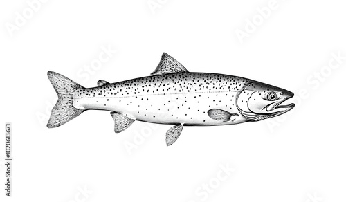 Fish sketch salmon trout. Vintage retro print, black white salmon trout fish sketch ink pencil style drawing, linear drawing, engrave old school. Sketch artwork salmon trout fish. Illustration photo