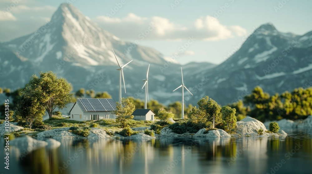 Naklejka premium Sustainable Homes with Wind and Solar Power in a Mountainous Landscape