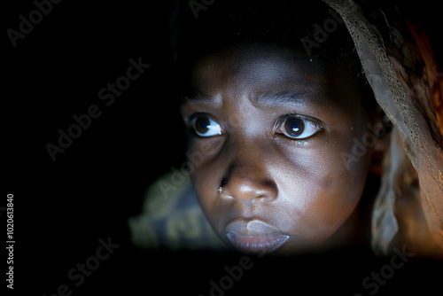 Obraz na płótnie Innocent Gaze: Young Child with Expressive Eyes in Dim Light Using Laptop at Home w salonie