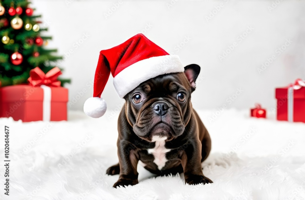 Black French Bulldog in Christmas Santa hat on white background Black French Bulldog in Christmas Santa hat on white background