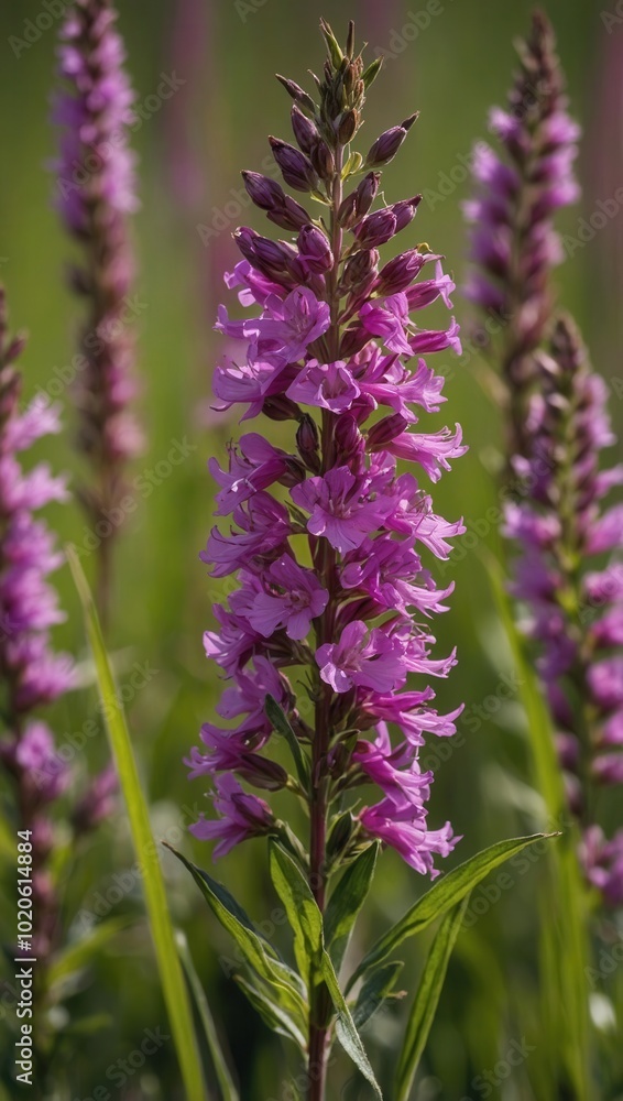 Obraz premium Two Clusters of Purple Flowers with White Spots Against Blurred Green Background