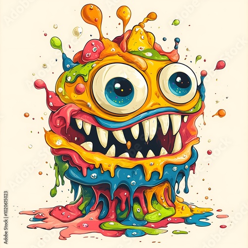 A colorful cartoon monster with big eyes, sharp teeth, and a dripping slime body. photo