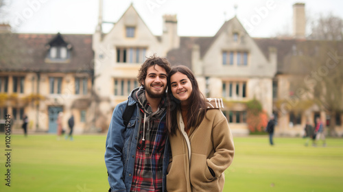 A Sweet Duo in Front of an Iconic English College,冻结 In a Snapshot with Artistic Depth and Blur photo