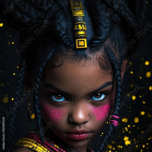 Warrior of the Future: Afrofuturistic Cyberpunk Girl with Tribal Face Paint, Mechanical Headgear and Bold Red Lips on High Contrast Background photo