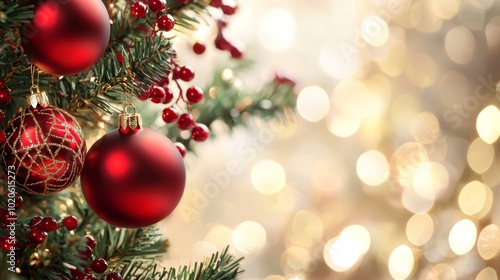 Red Christmas ornaments hanging on tree with glowing bokeh lights