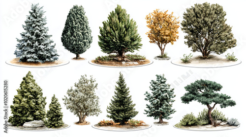 Collection of illustrated trees, perfect for design projects.