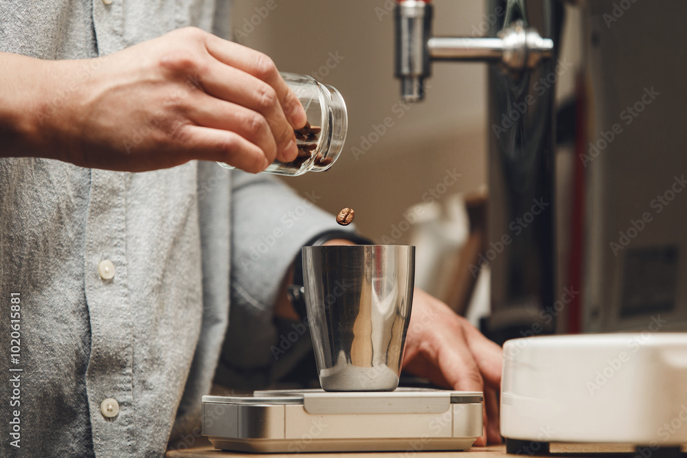 Barista Precisely Measures Coffee Beans on Scales for Optimal Grind and Flavor Close-up Barista Precisely Measures Coffee Beans on Scales for Optimal Grind and Flavor Close-up