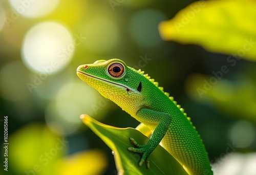 there is a green lizard that is sitting on a leaf. photo