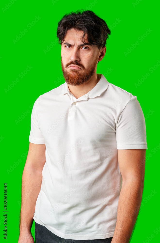 A man with a serious expression stands with crossed arms against a vibrant green background A man with a serious expression stands with crossed arms against a vibrant green background
