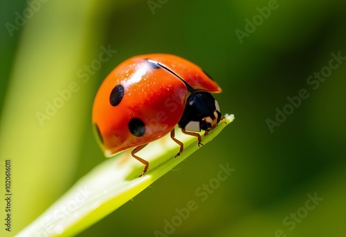  ladybug on a green leaf with a black spot.