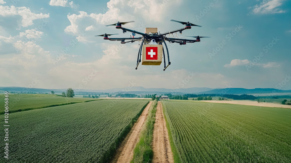 Fototapeta premium Drone delivering supplies over farmland