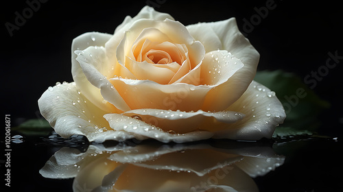 A single white rose delicately placed on a black background, symbolizing purity, remembrance, and solemnity. The contrast between the pure white petals and the dark backdrop creates an elegant and emo