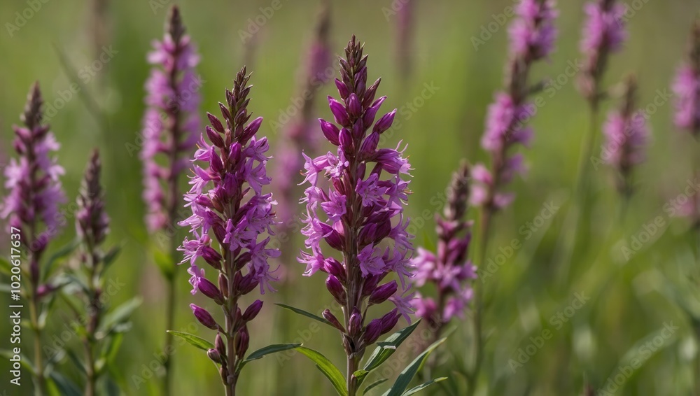 Naklejka premium Close-Up of Wild Purple Flowers with Slender Stems and Leaves