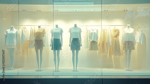 Sustainable fashion clothing displayed on mannequins in a minimalist boutique