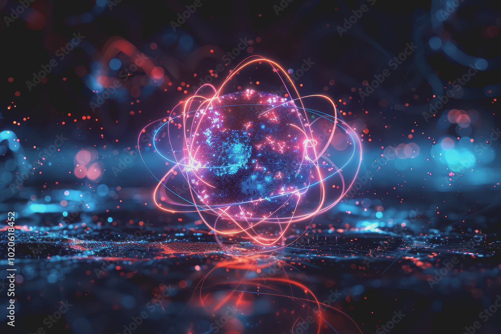 Fototapeta premium Unstable Atom nucleus with electrons spinning around its technology background.