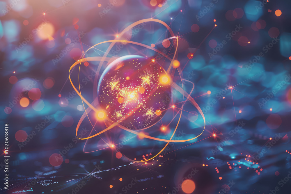 Unstable Atom nucleus with electrons spinning around its technology background. Unstable Atom nucleus with electrons spinning around its technology background.
