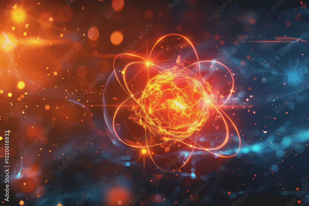 Obraz premium Unstable Atom nucleus with electrons spinning around its technology background.