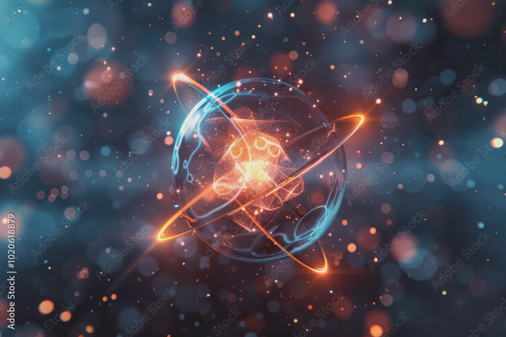 Unstable Atom nucleus with electrons spinning around its technology background. Unstable Atom nucleus with electrons spinning around its technology background.