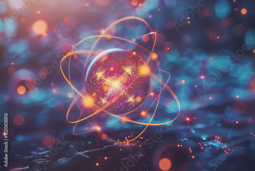 Unstable Atom nucleus with electrons spinning around its technology background.