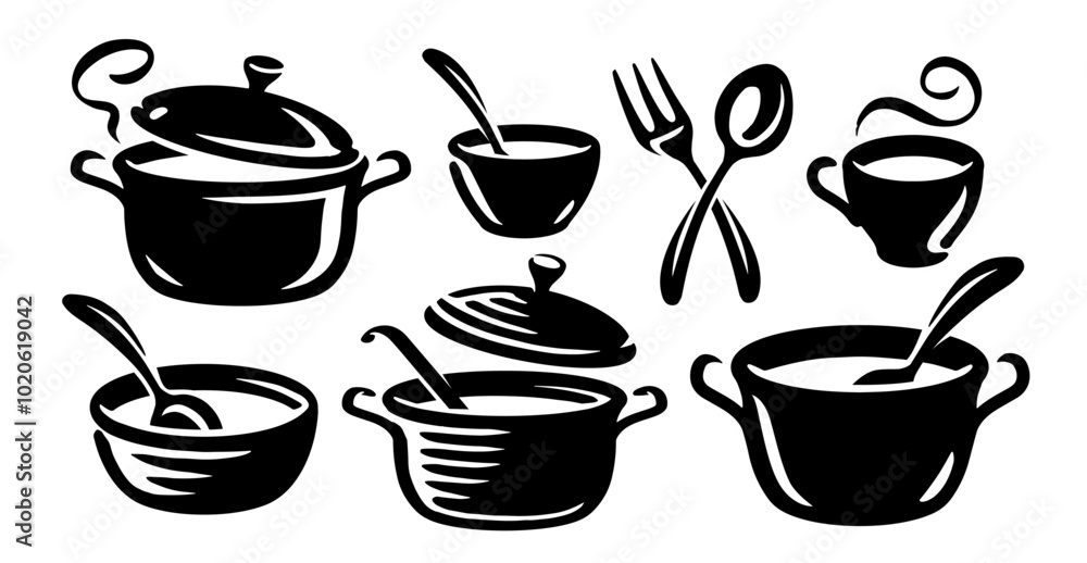 Cookware, kitchenware icons set. Food concept. Cooking, culinary arts symbols Cookware, kitchenware icons set. Food concept. Cooking, culinary arts symbols