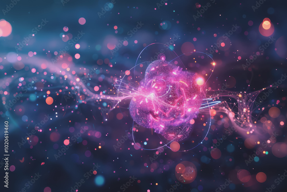 Unstable Atom nucleus with electrons spinning around its technology background. Unstable Atom nucleus with electrons spinning around its technology background.