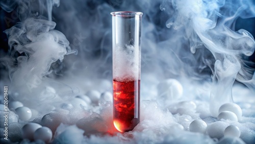 In liquid nitrogen, blood samples undergo cryopreservation, preserving their cellular structure. Macro photography captures the stunning details of this essential procedure. photo