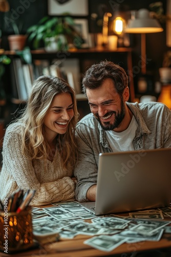 Smiling woman and man in their thirties enjoying time together at a cozy café while using a laptop