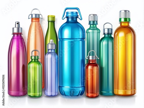 Multiple sizes of water bottles illustrated realistically, arranged on a stark white background, highlighting their