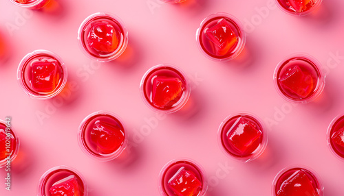 Tasty bright jelly cups on pink background, flat lay. Space for text