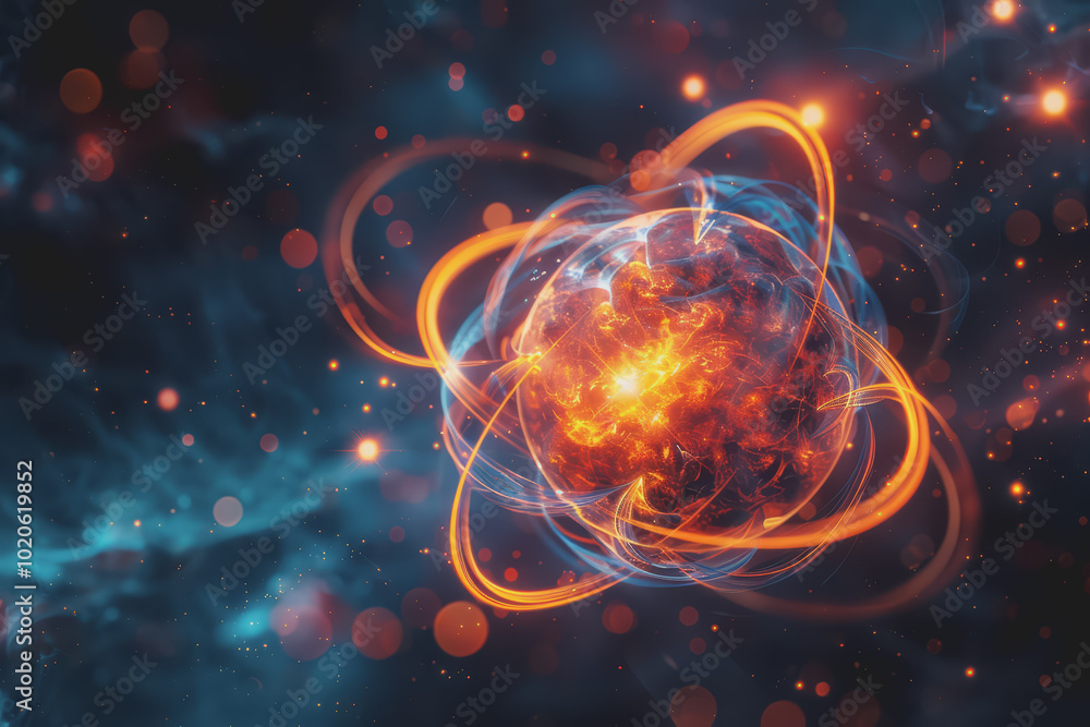 Unstable Atom nucleus with electrons spinning around its technology background. Unstable Atom nucleus with electrons spinning around its technology background.