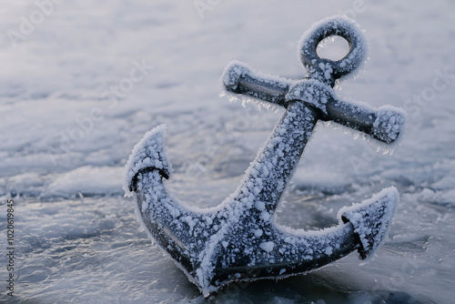 A ship anchor covered in ice, stuck in a frozen sea.  Generative AI.