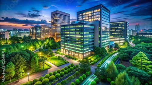 Nestled amid verdant greenery, the DDEPARTMENT TOYAMA Building stands prominently, with its modern design harmonizing photo