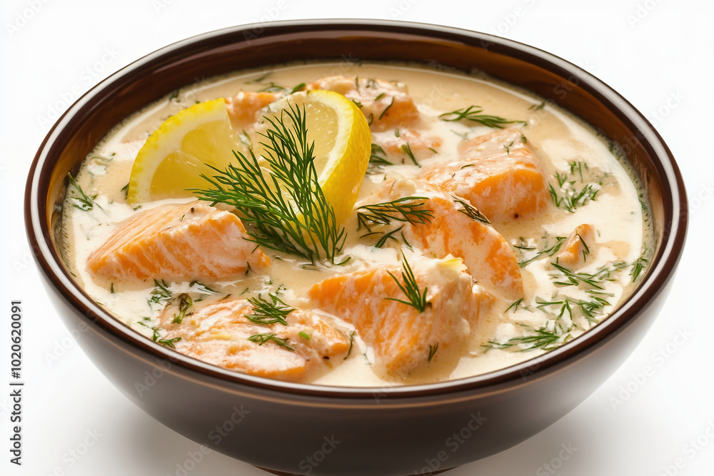 A bowl of creamy salmon soup, with pieces of fresh lemon and dill in it, against a white background. The focus is on the bright color of the fish meat inside the cream sauce, which has been decorated A bowl of creamy salmon soup, with pieces of fresh lemon and dill in it, against a white background. The focus is on the bright color of the fish meat inside the cream sauce, which has been decorated
