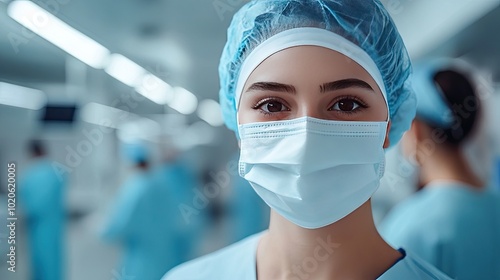 A close-up photo of a female surgeon. This image portrays a woman in a surgical mask and cap, looking at the camera.