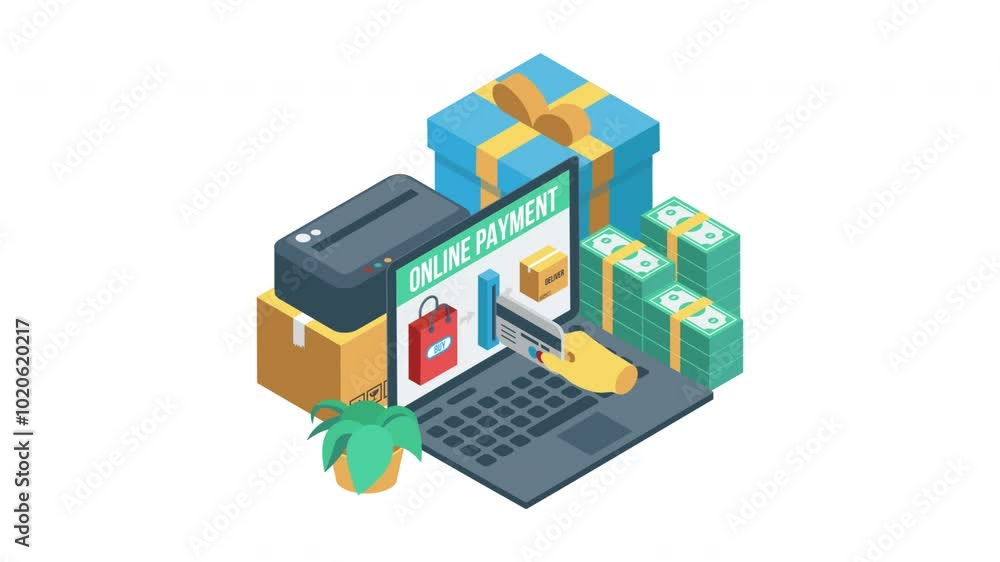 Motion graphic of isometric elements about e-payment Motion graphic of isometric elements about e-payment