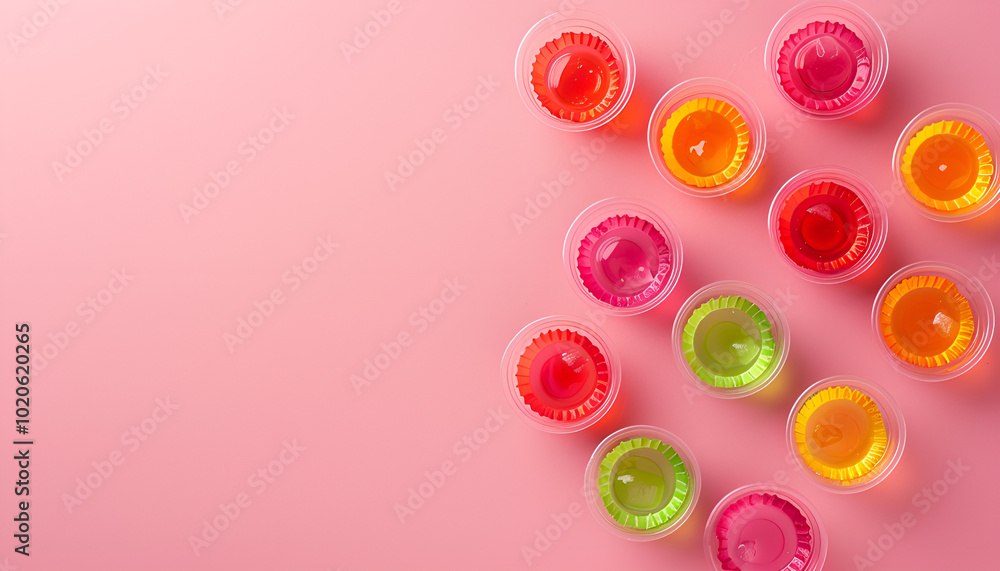 Tasty bright jelly cups on pink background, flat lay. Space for text Tasty bright jelly cups on pink background, flat lay. Space for text