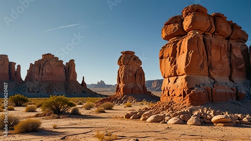 Unique rock formations jutting out of a dry, desert landscape, with the orange and red hues of the stones contrasting against the clear blue sky.