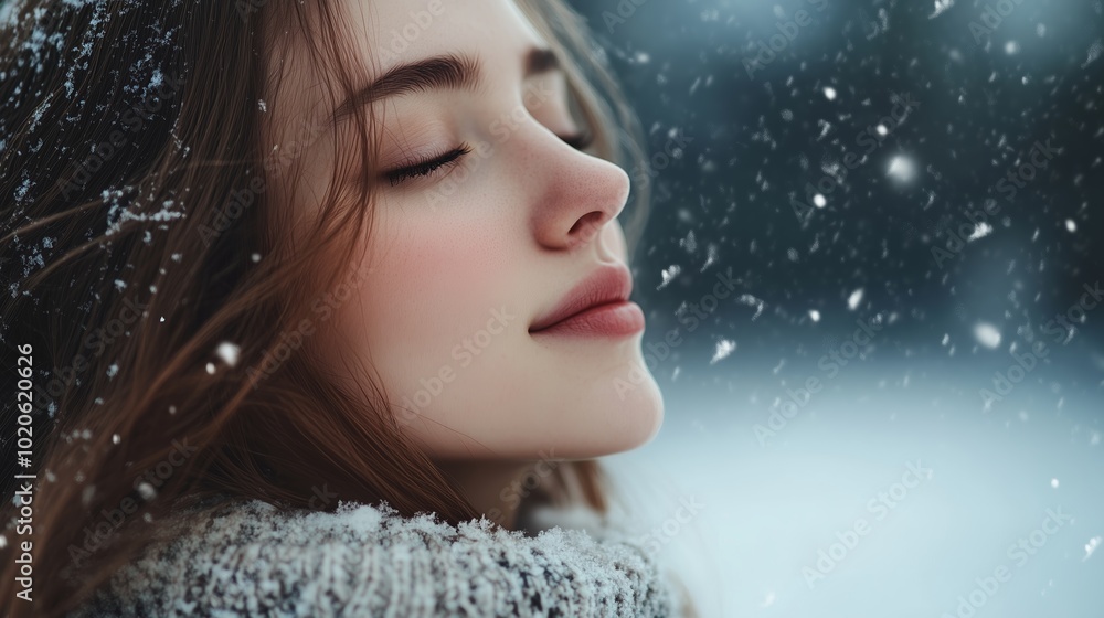 A young woman experiencing tranquility in a snowy landscape, enjoying the gentle snowfall during a serene winter day A young woman experiencing tranquility in a snowy landscape, enjoying the gentle snowfall during a serene winter day