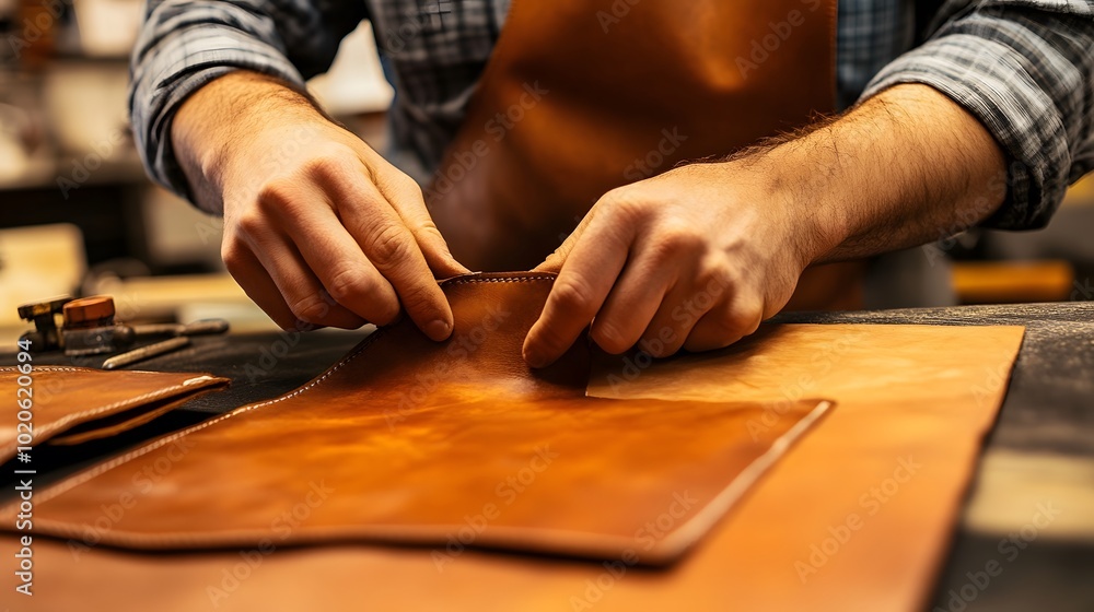 A detailed shot of hands cutting vegan leather for sustainable shoe production A detailed shot of hands cutting vegan leather for sustainable shoe production