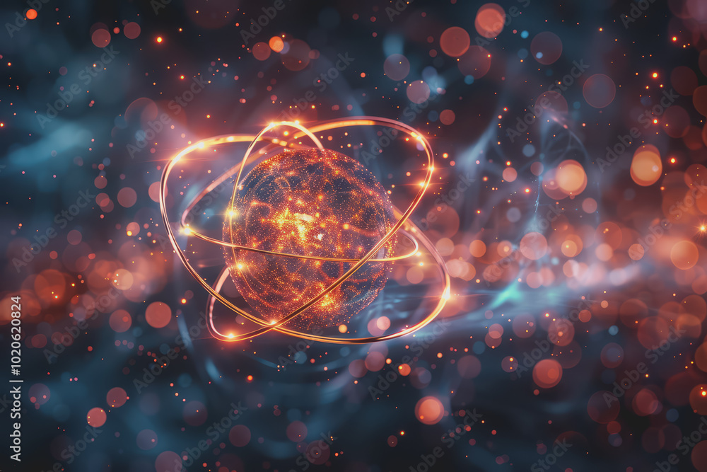 Unstable Atom nucleus with electrons spinning around its technology background. Unstable Atom nucleus with electrons spinning around its technology background.