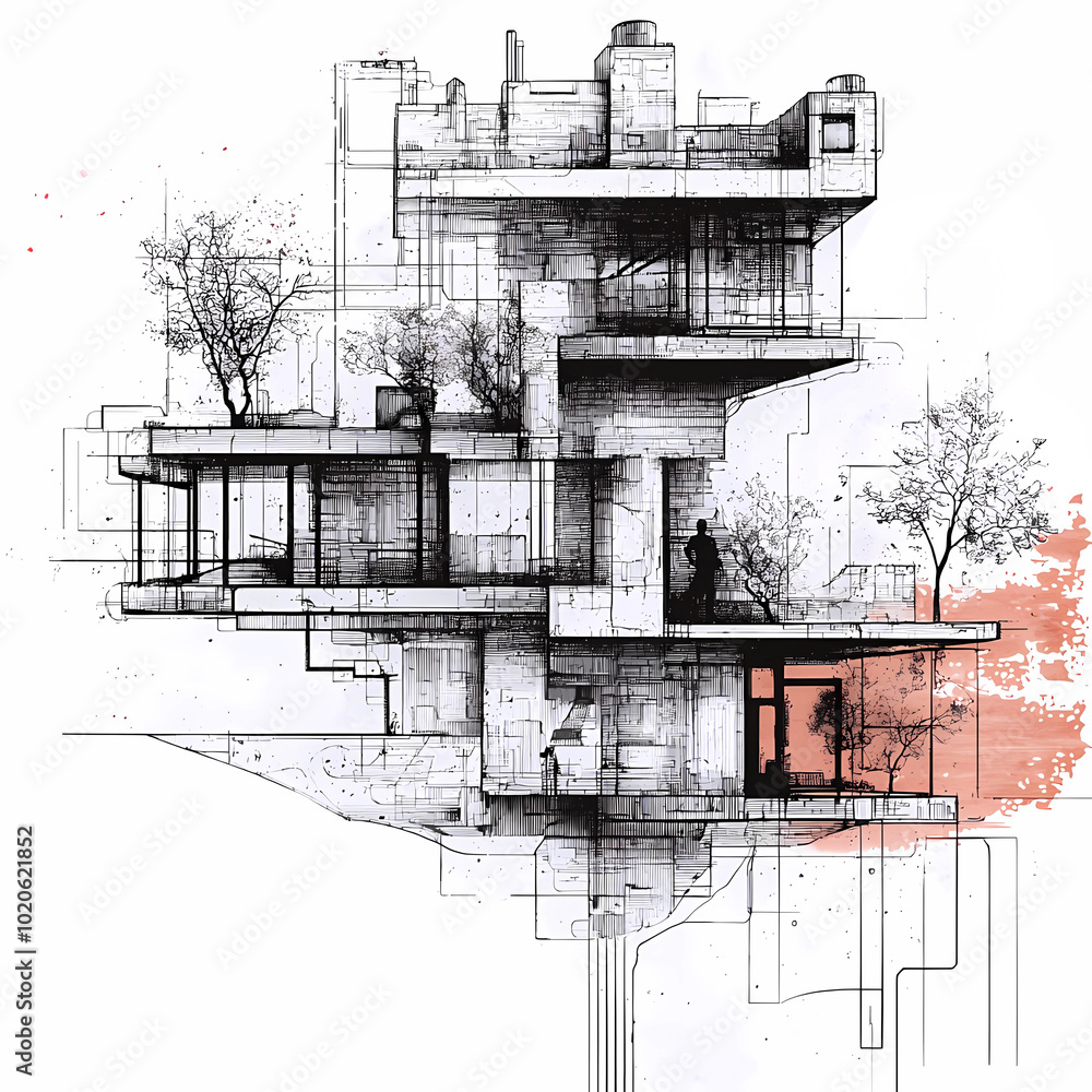 Naklejka premium sketch style of buildings, concept of urban levitation in modern city
